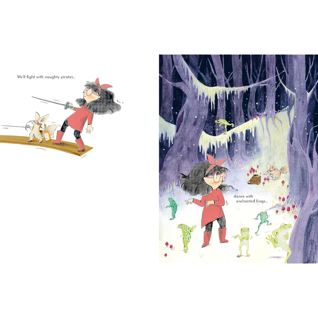 Illustration of a girl in a red coat in a snowy forest with animated characters.