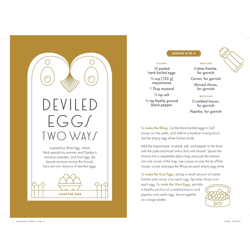 Recipe card for Deviled Eggs Two Ways with a gold border and white text.