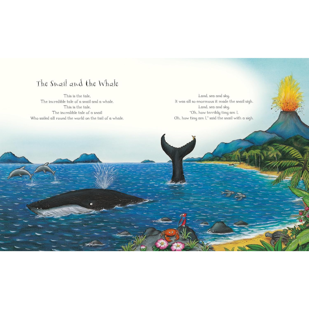 Illustration of a whale and dolphins in the ocean with a mountain and volcano in the background.