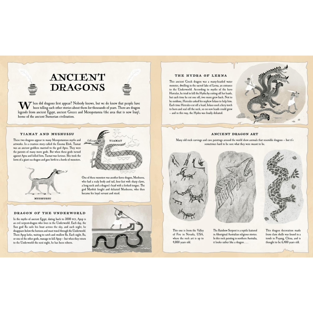 Educational poster about ancient dragons with illustrations and text on a wooden frame.