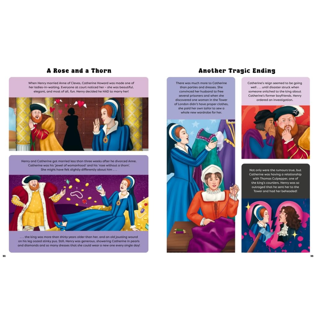 Illustrated book pages with historical characters and text on a white background