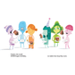 Illustration of colorful cartoon characters with birthday hats and treats on a white background.
