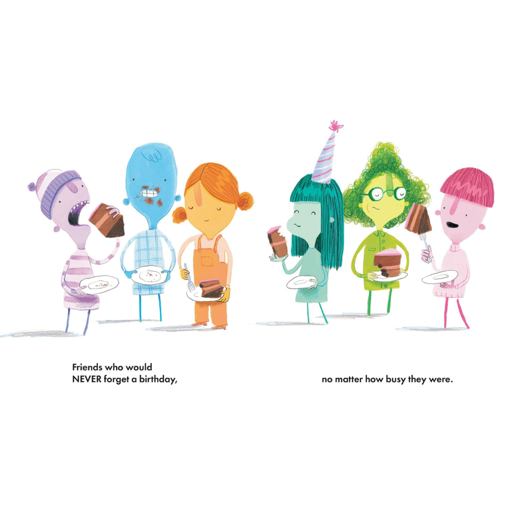 Illustration of colorful cartoon characters with birthday hats and treats on a white background.