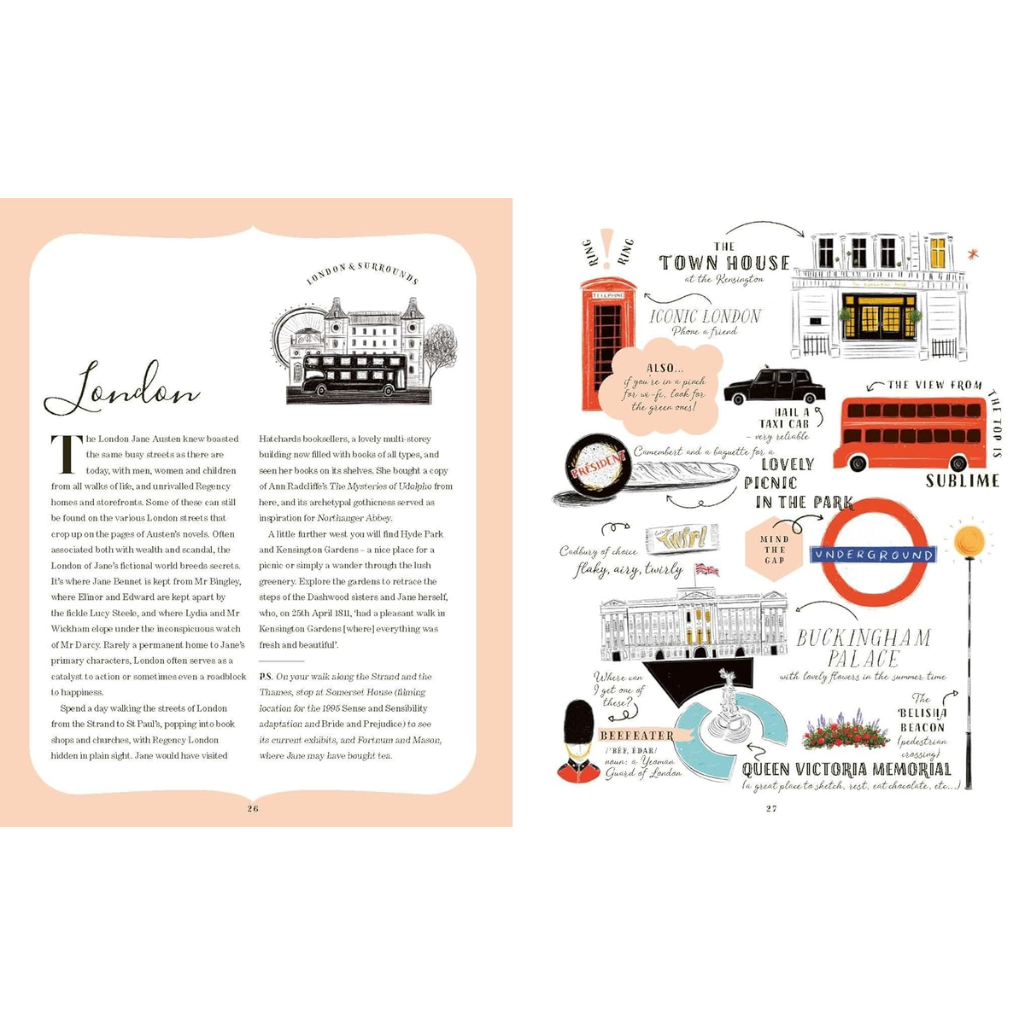 Illustrated pages from a travel guidebook featuring London-themed graphics and text.