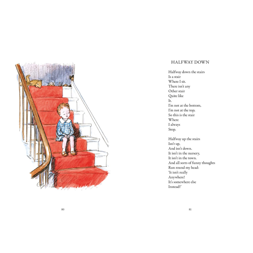 Illustration of a child on a red staircase with a poem on the right side.