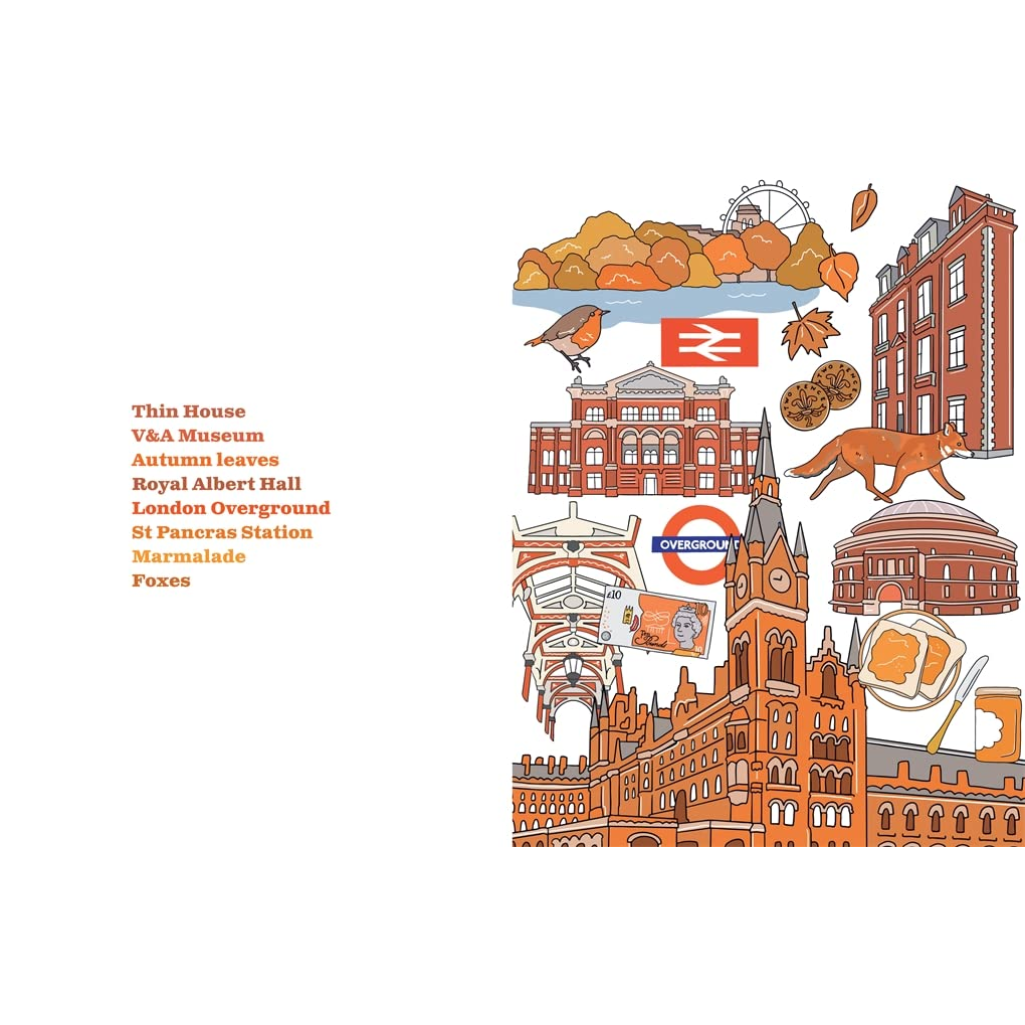 Illustrated collage of London landmarks and symbols on a white background