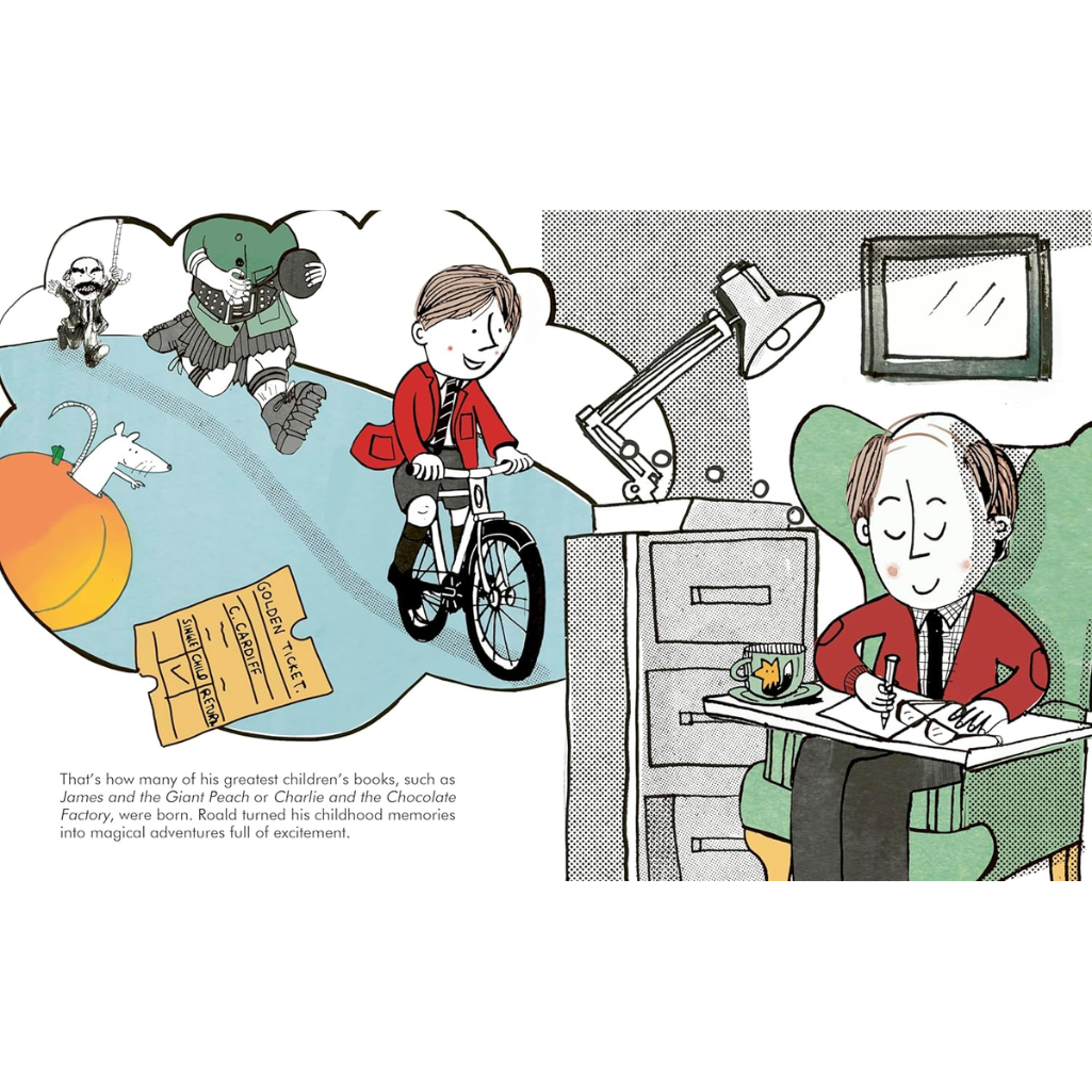 Illustration of a man at a desk with children playing in the background, likely depicting a scene from a children's book.
