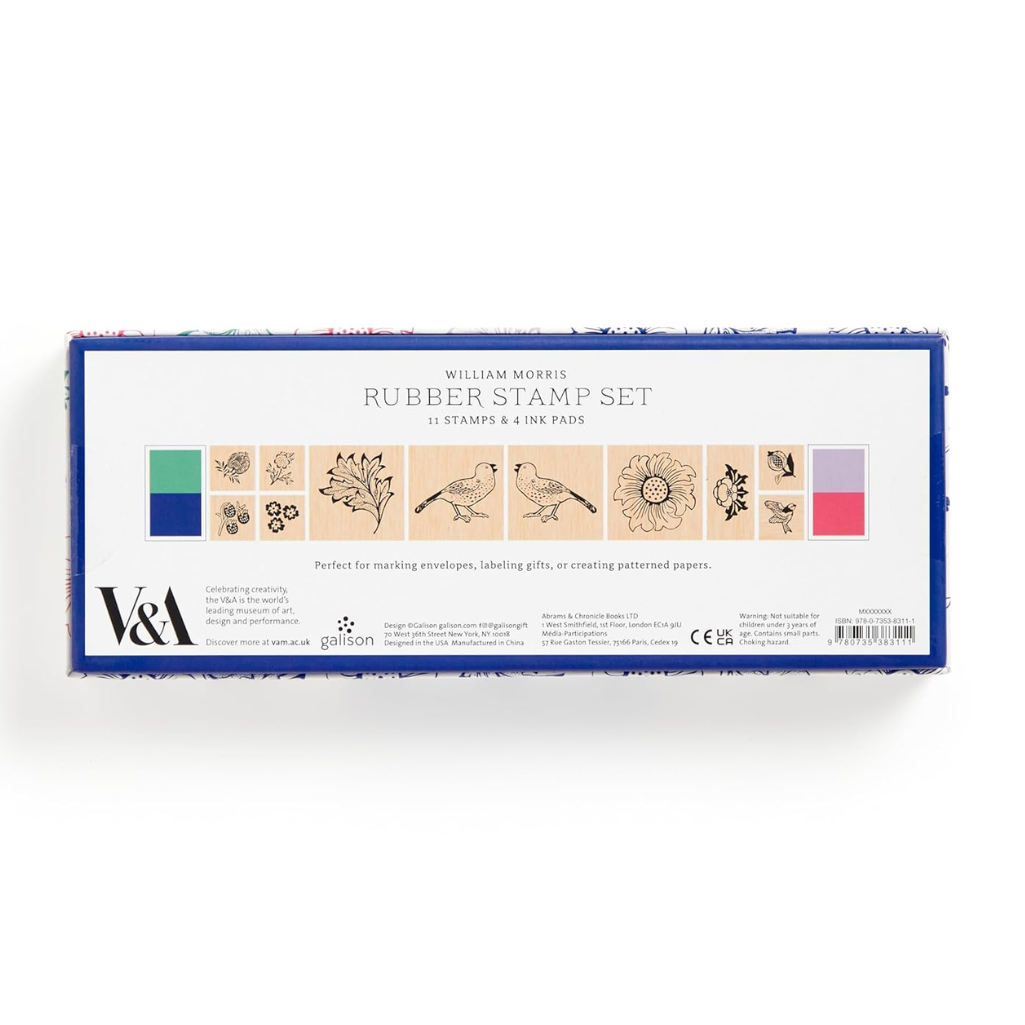 Box of William Morris rubber stamp set with illustrations on a white background