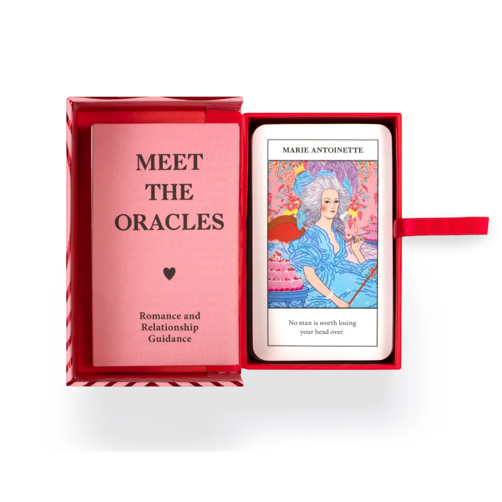 Card deck with 'Meet the Oracles' branding and a tarot card featuring Marie Antoinette on a white background.