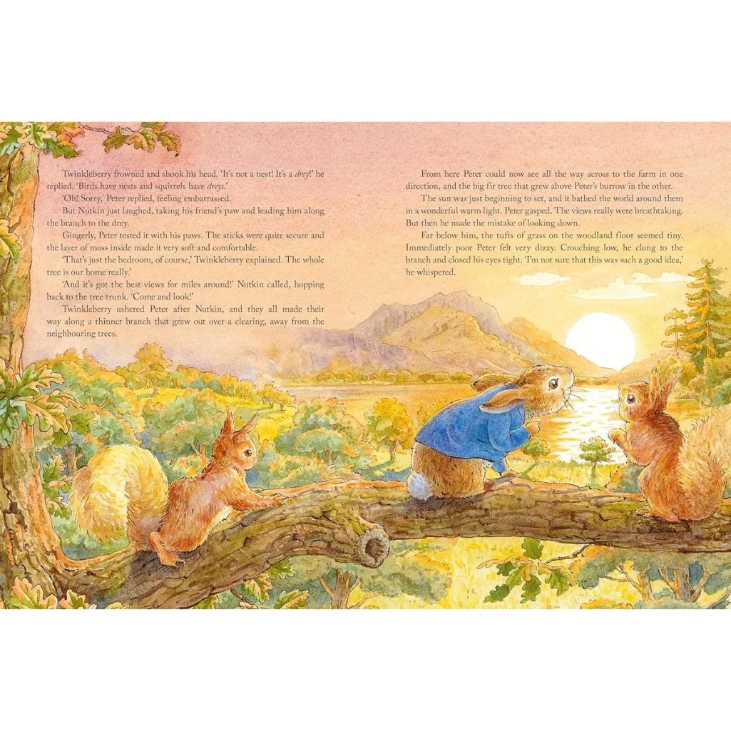 Illustrated book page with characters from 'The Tale of Peter Rabbit' by Beatrix Potter.
