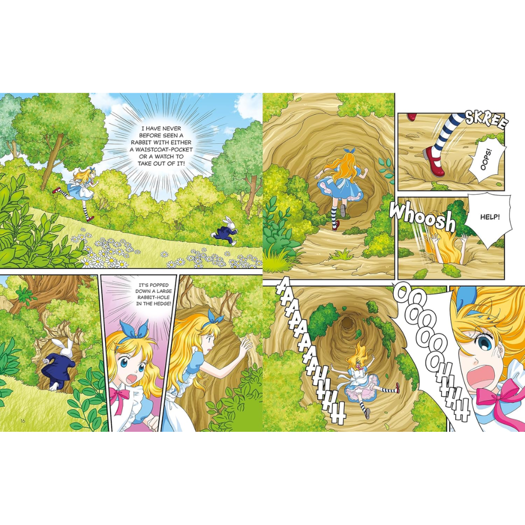 Comic strip of a character chasing a rabbit through a forest.