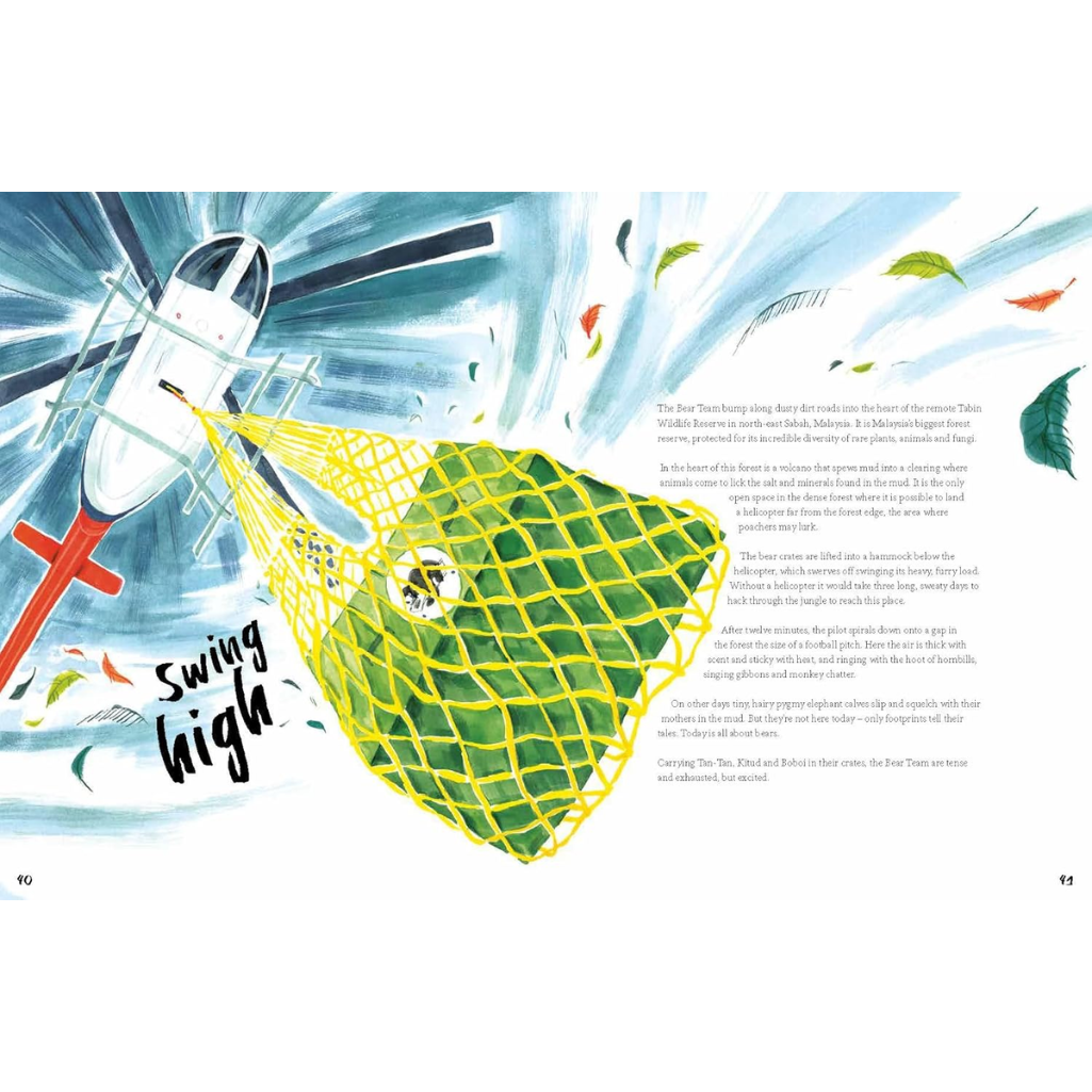 Illustration of a yellow fishing net with text 'swing high' on a blue and white background