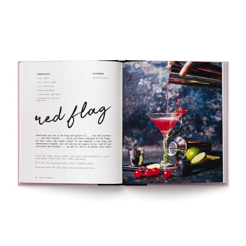 Open book with cocktail recipe titled 'Red Flag' on a white background