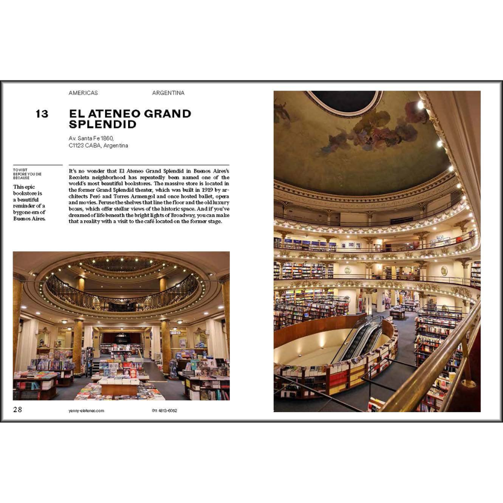 Two images of a grand spiral staircase and bookstore interior, with text on the left.
