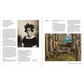 Book open to a page with a portrait of a woman and a painting of a deer in a forest.