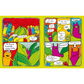 Colorful comic strip with cartoon characters on a yellow background