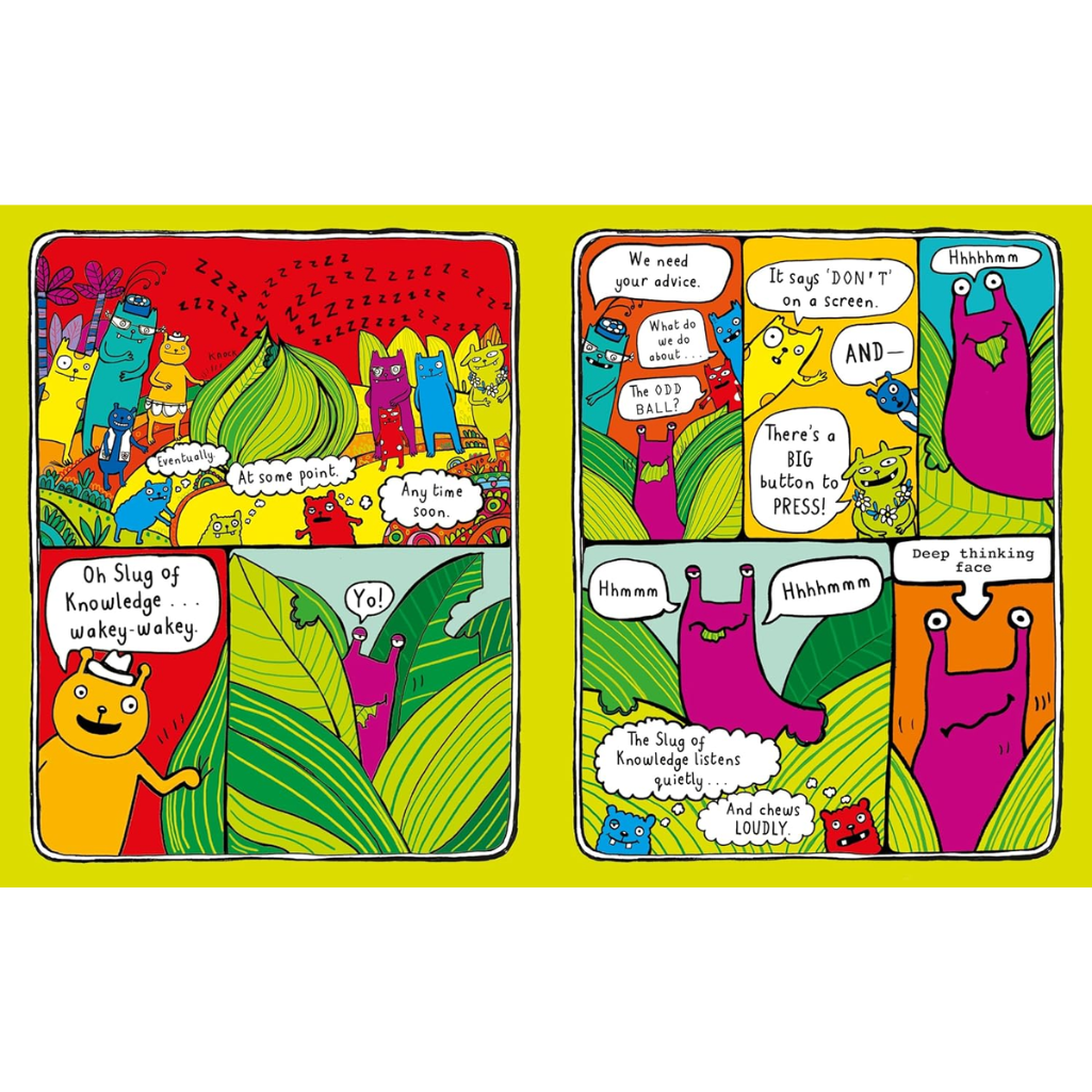 Colorful comic strip with cartoon characters on a yellow background