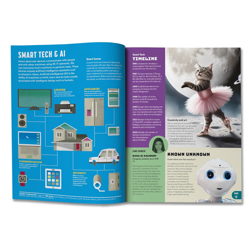 Open book with smart tech and AI section on one side and a timeline on the other, featuring a cat in a tutu and a robot.