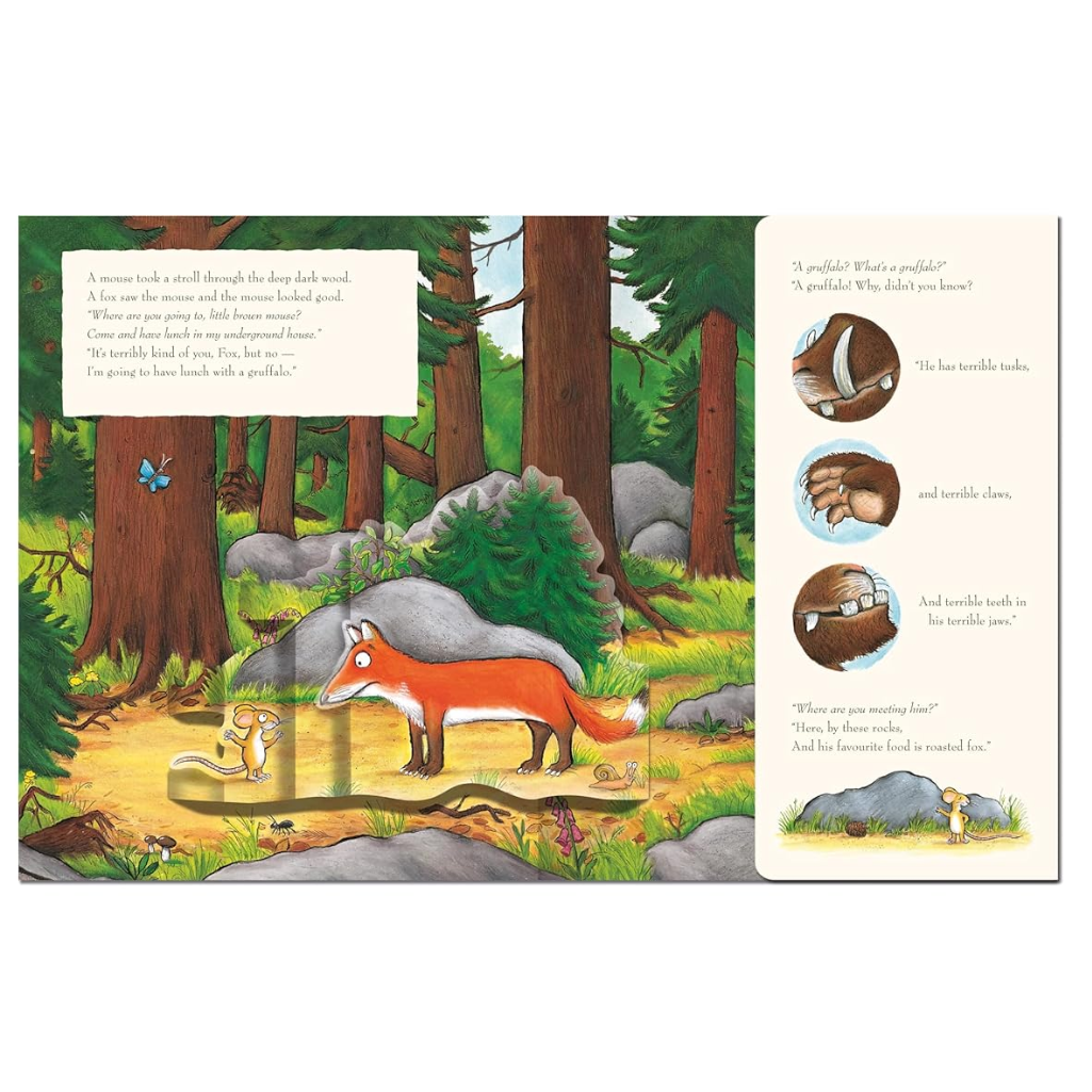 Illustrated book page with a fox and mouse in a forest scene