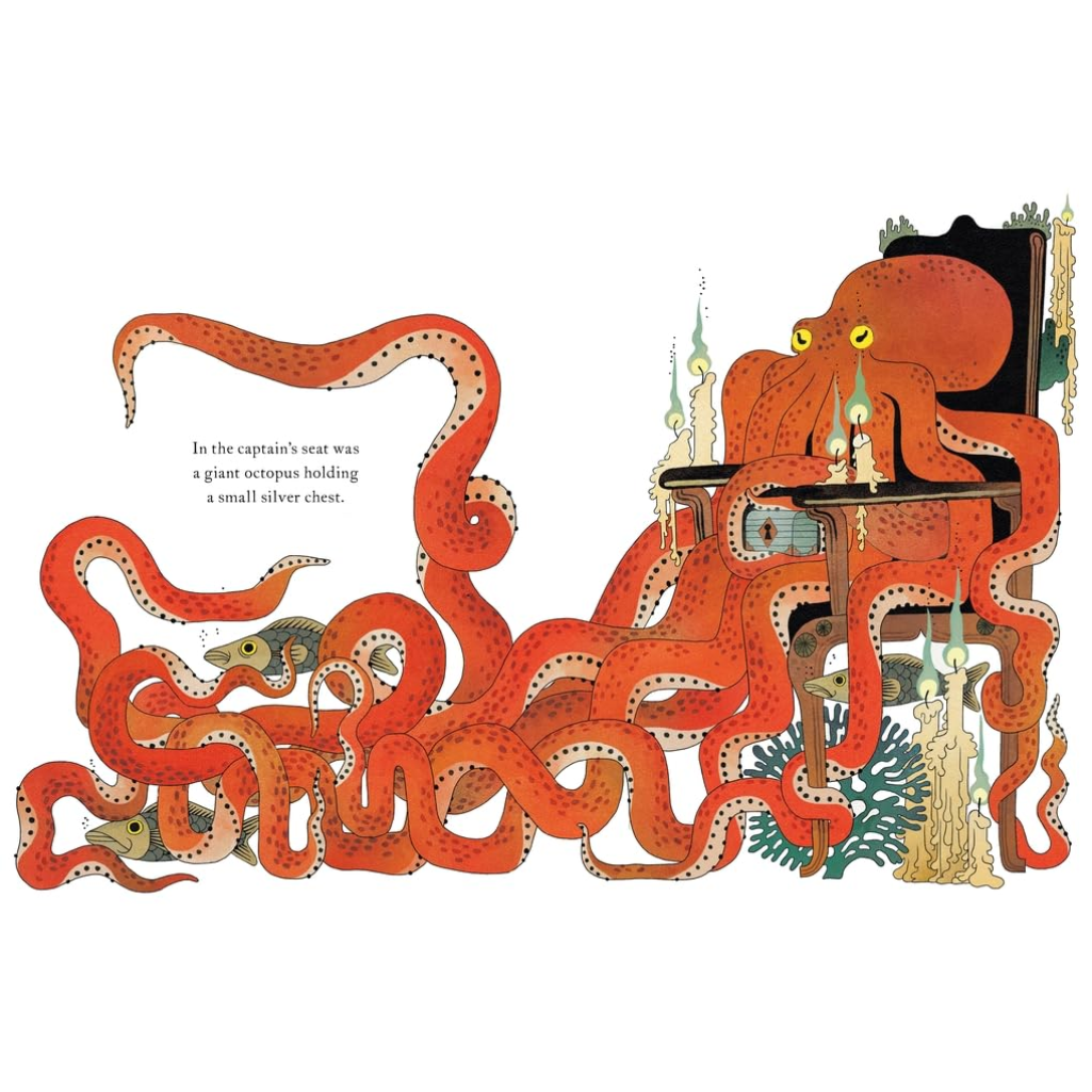 Illustration of a giant octopus in a captain's chair with decorative elements on a white background