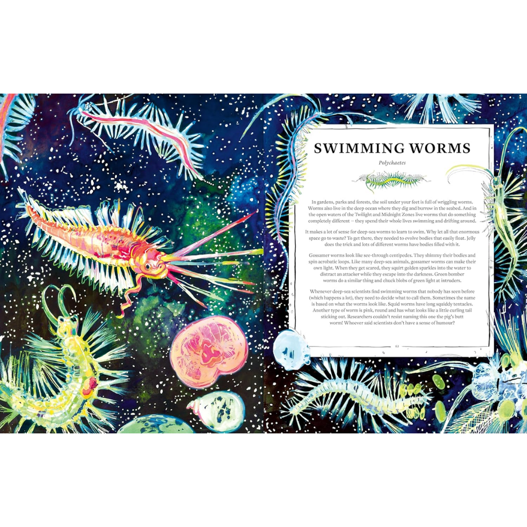 Illustrated book page about swimming worms with colorful illustrations on a dark background.