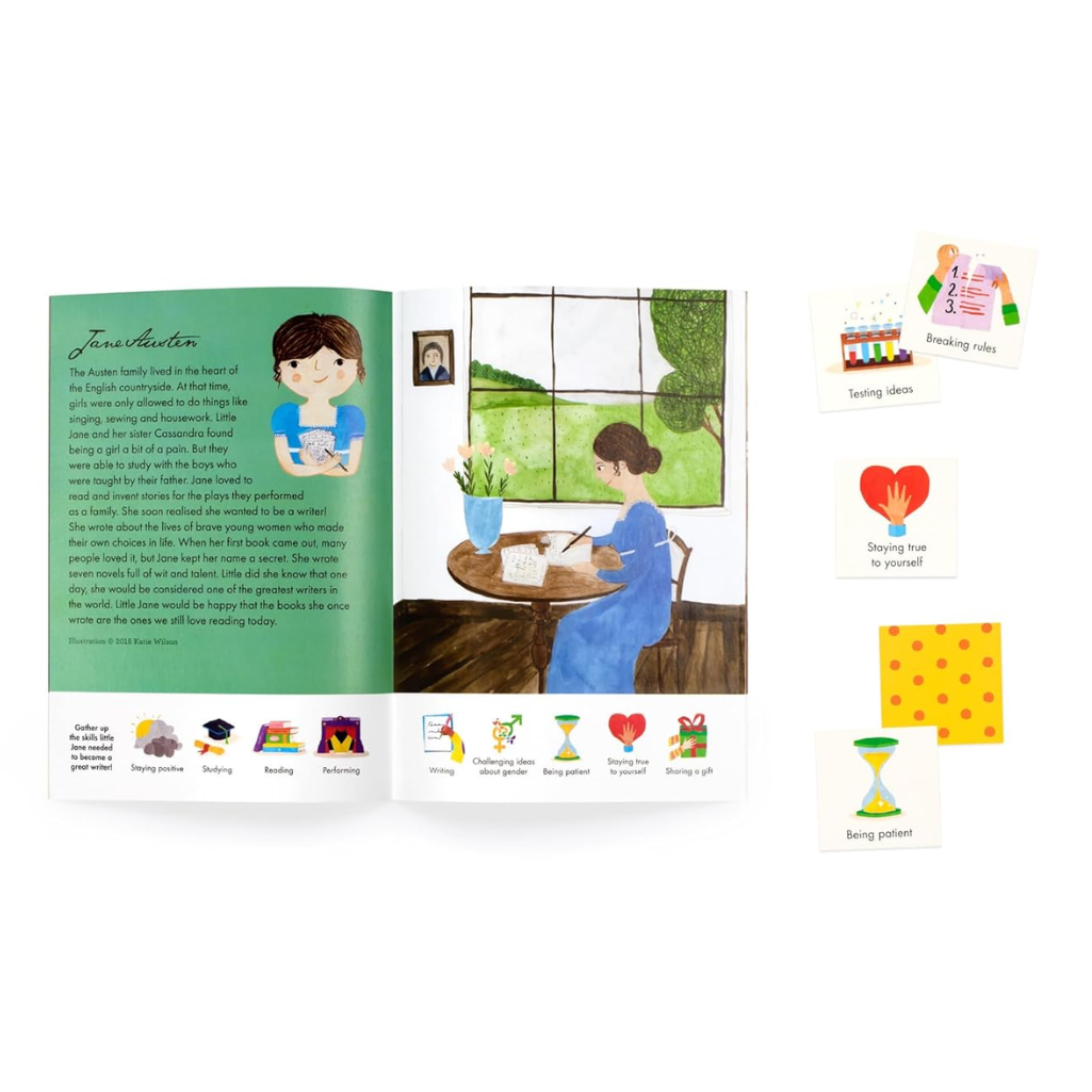 Open book with illustrations and text on a white background
