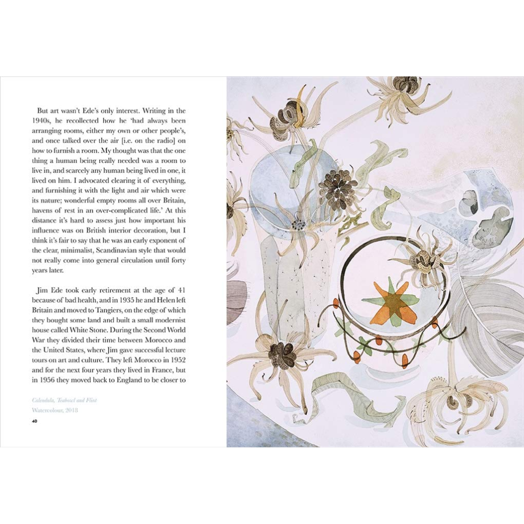 Page from a book with artistic illustrations of plants and text on a white background