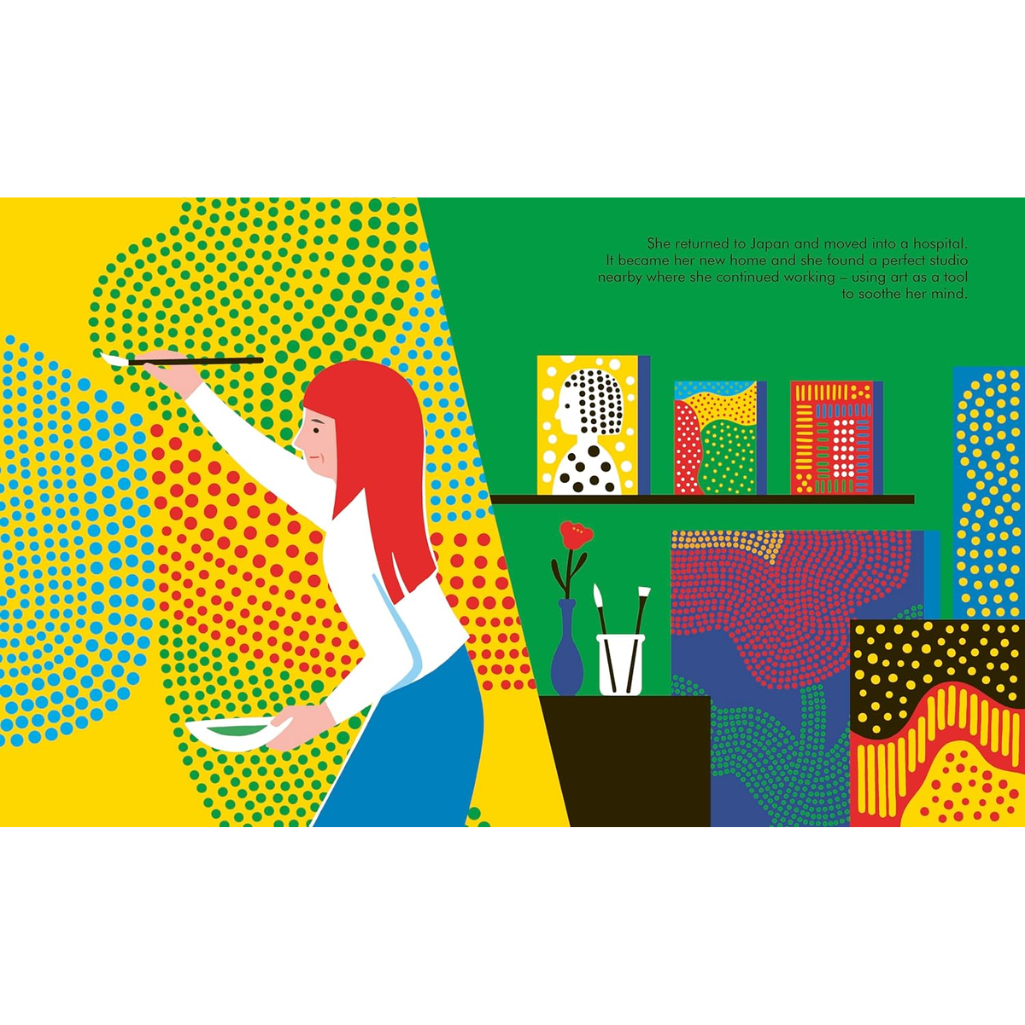 Illustration of a woman painting with colorful abstract patterns on a yellow wall.