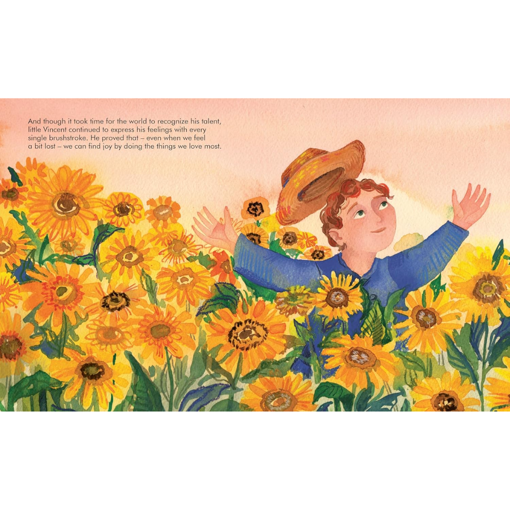Illustration of a child in a field of sunflowers with a message about recognising talent and finding joy.