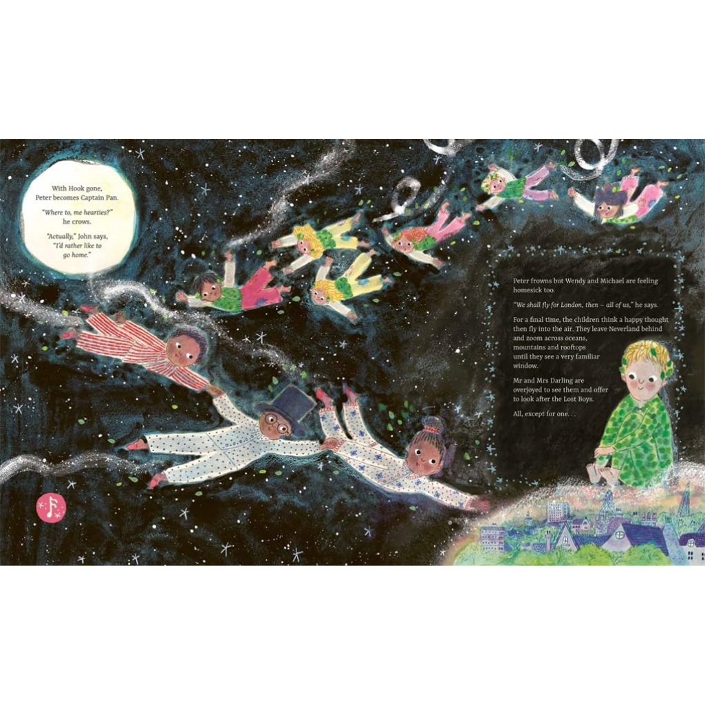 Illustrated book page with children playing in a starry night sky.