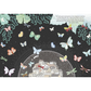 Illustration of butterflies around a small town with text on a black background