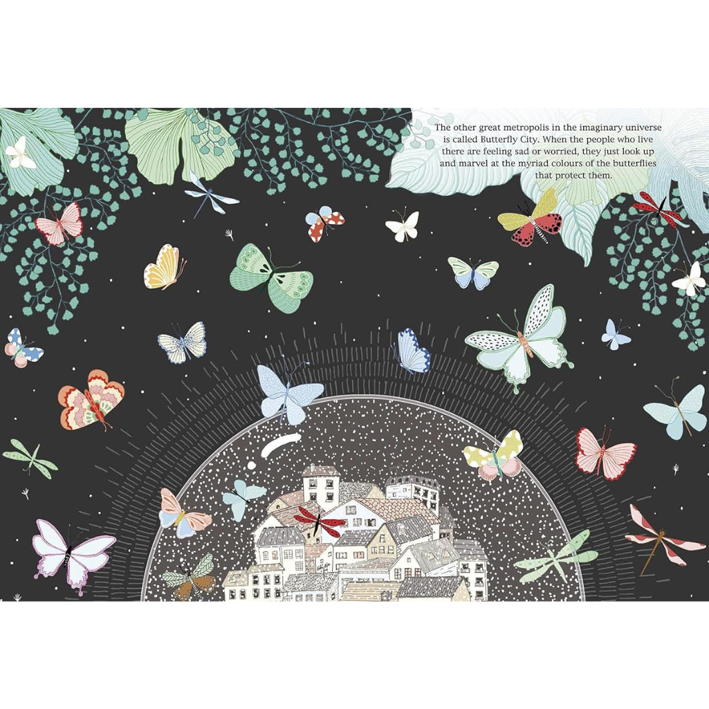 Illustration of butterflies around a small town with text on a black background