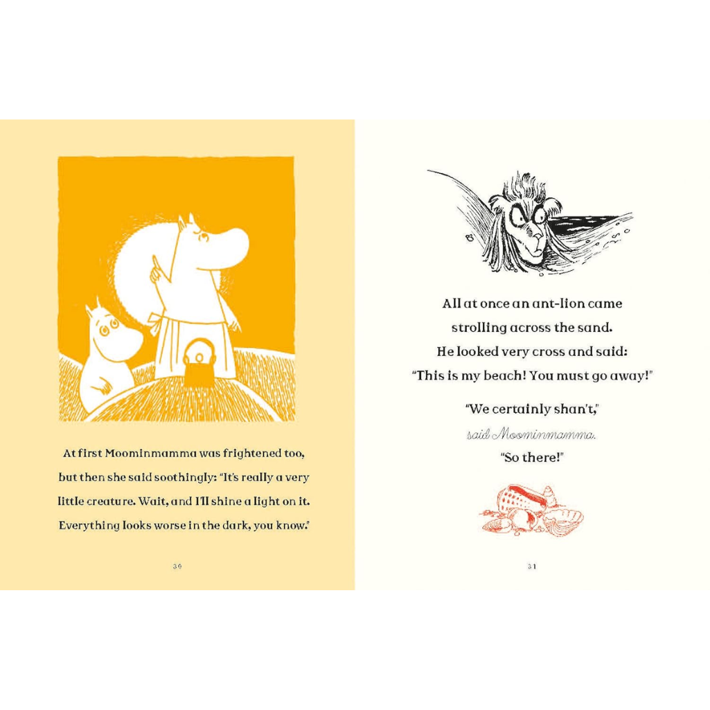 Illustrated book page with Moomin characters and text on a white background