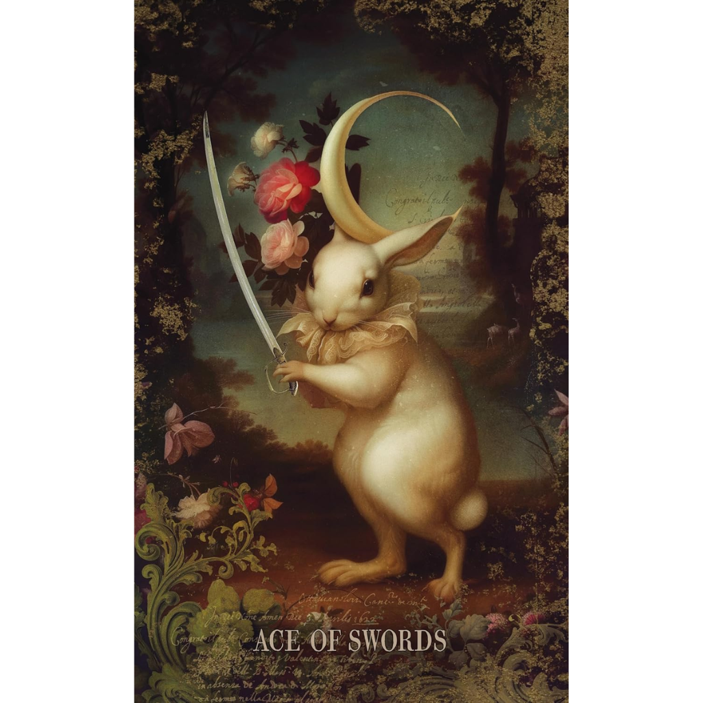 Framed artwork of a rabbit holding a sword with flowers and a moon above, titled 'Ace of Swords'.