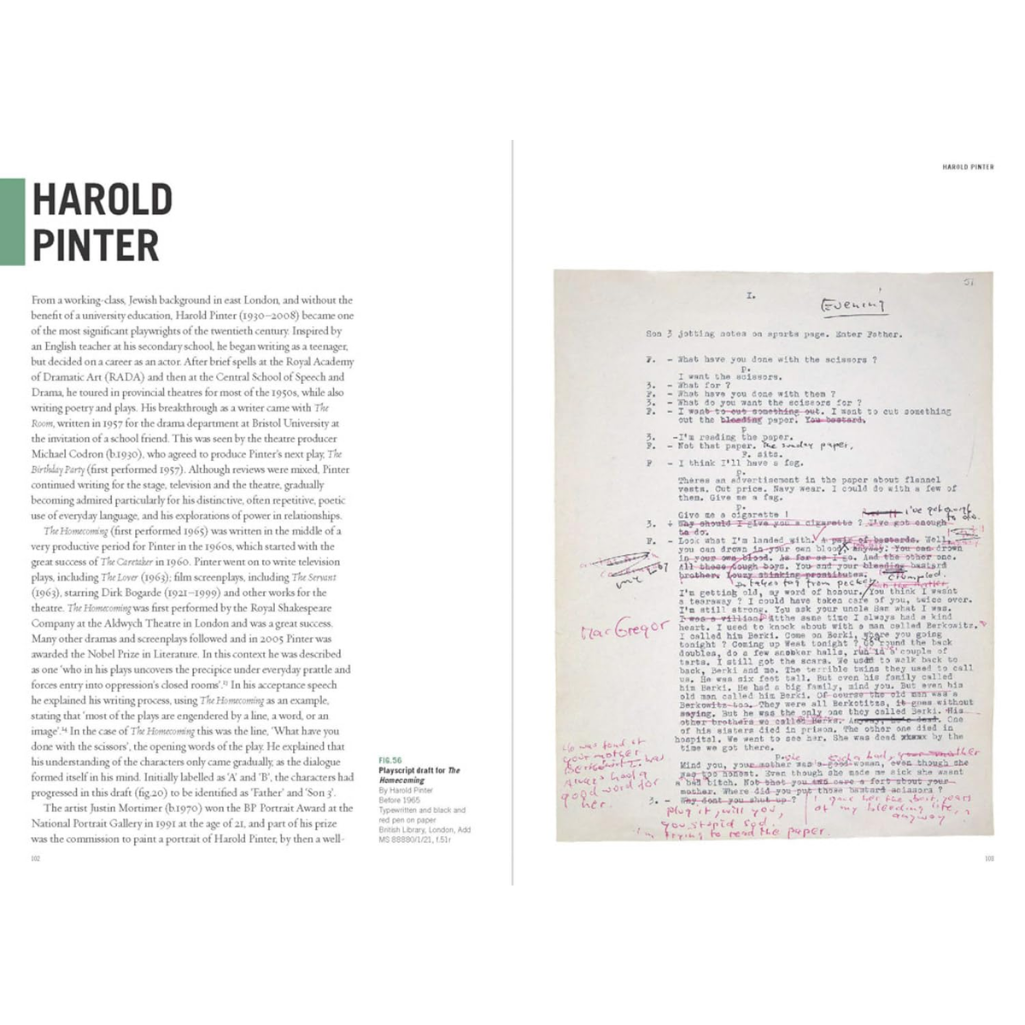 Page from a book or magazine featuring text about Harold Pinter with a handwritten document on the right.