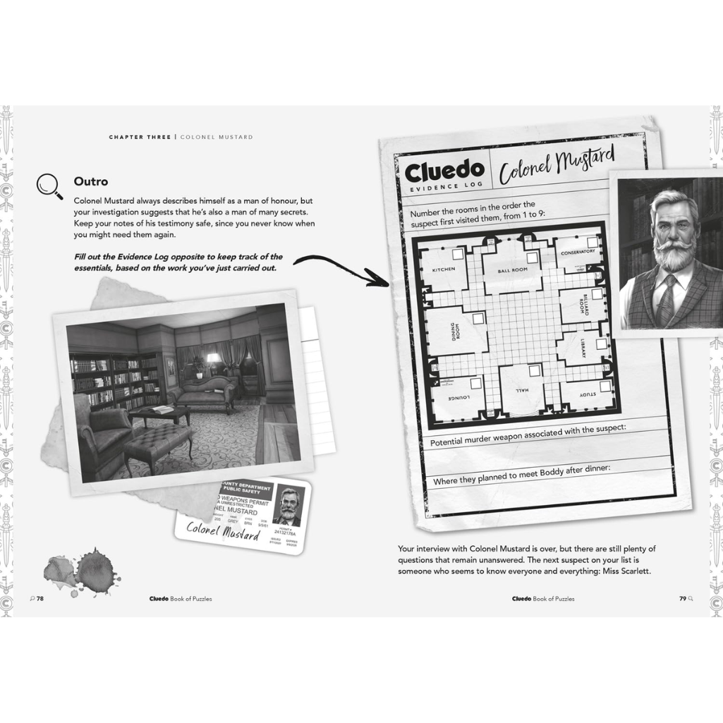Cluedo game book with evidence log and room layout
