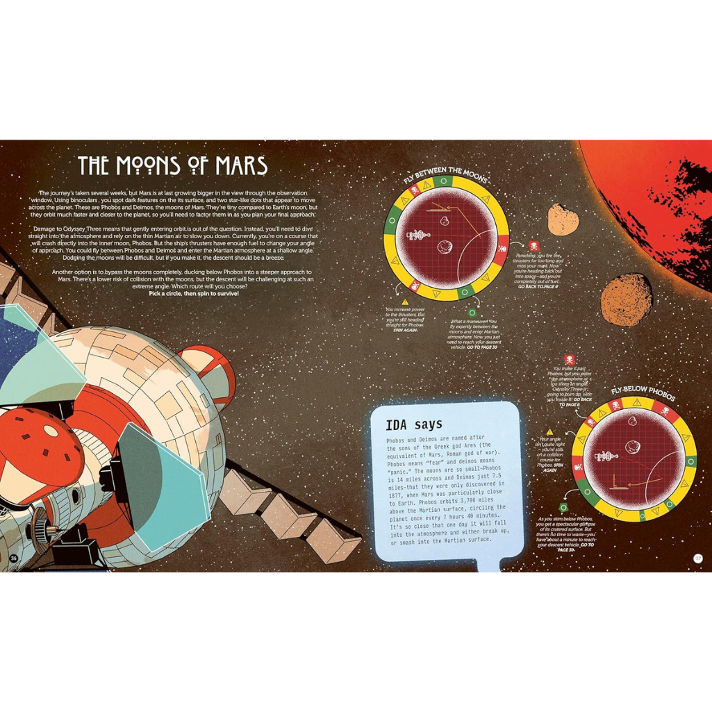 Educational poster about the moons of Mars with illustrations and text.