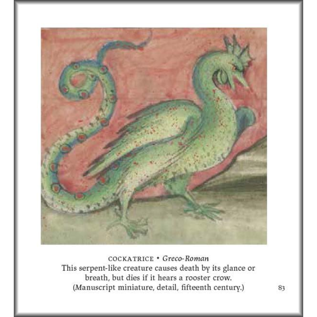 Illustration of a green serpent-like creature on a red background with text below.