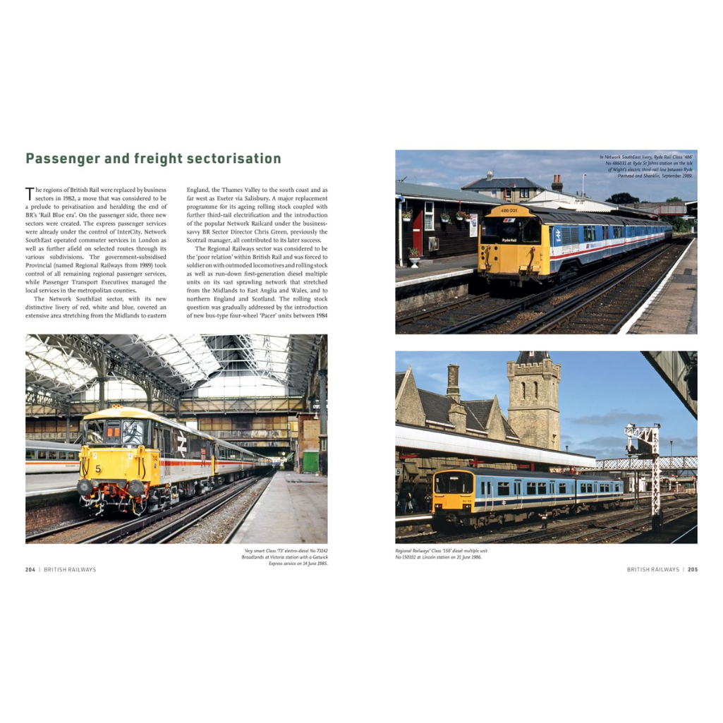 Magazine layout with train images and text on a white background