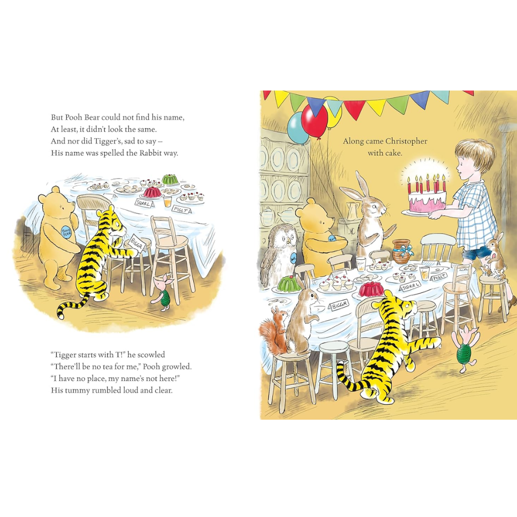 Illustration from a children's book with Winnie the Pooh and friends at a birthday party.