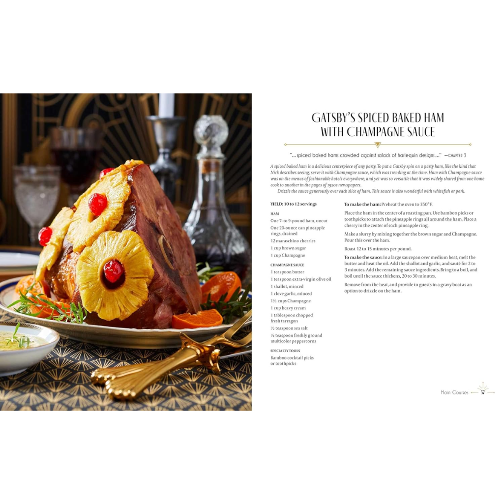 Gatsby's Spiced Baked Ham with Champagne Sauce on a plate with garnishes, next to a decanter and glasses.