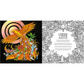 Coloring book open to a page with a colorful phoenix illustration on the left and a black and white detailed design on the right.