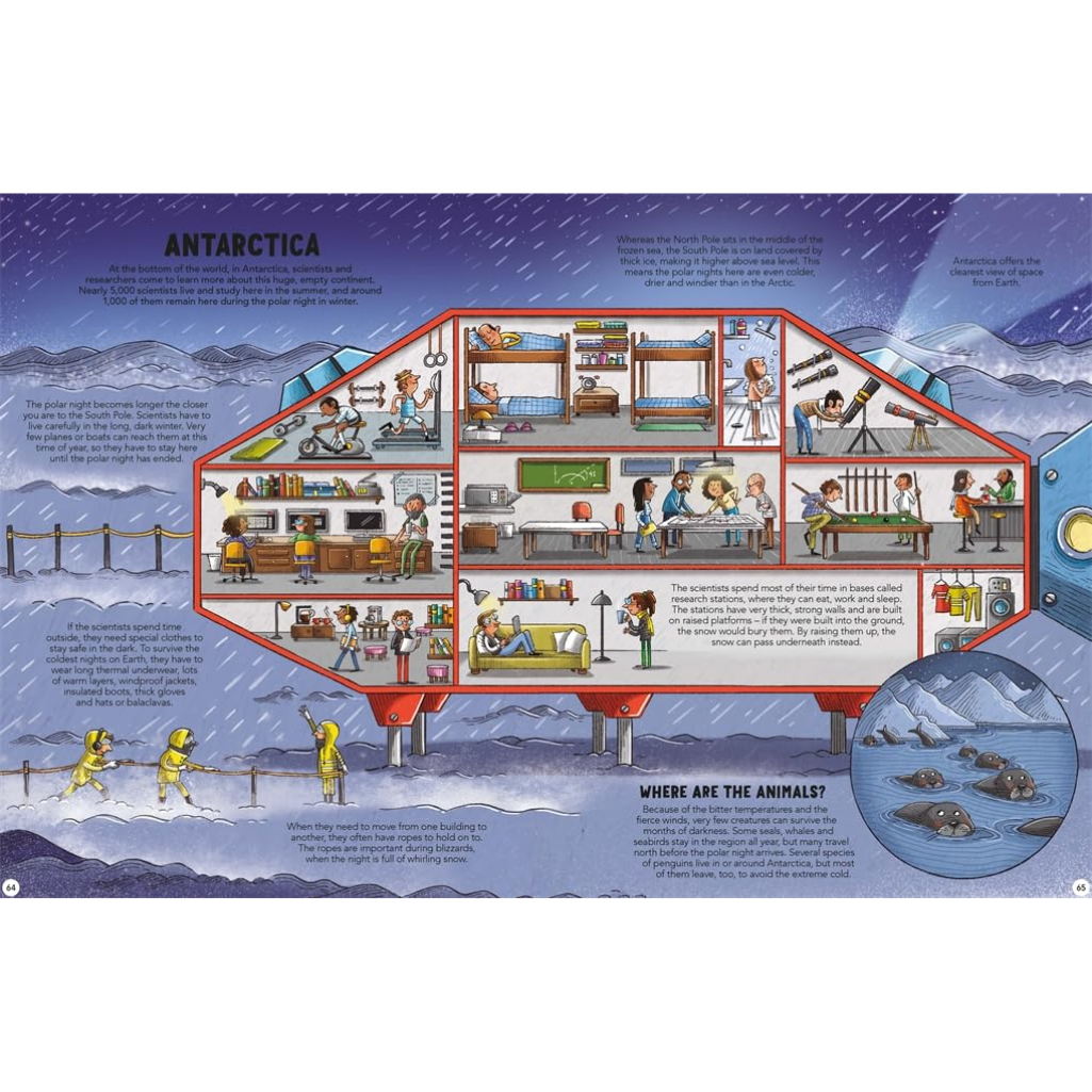 Illustration of a research station in Antarctica with various activities depicted.