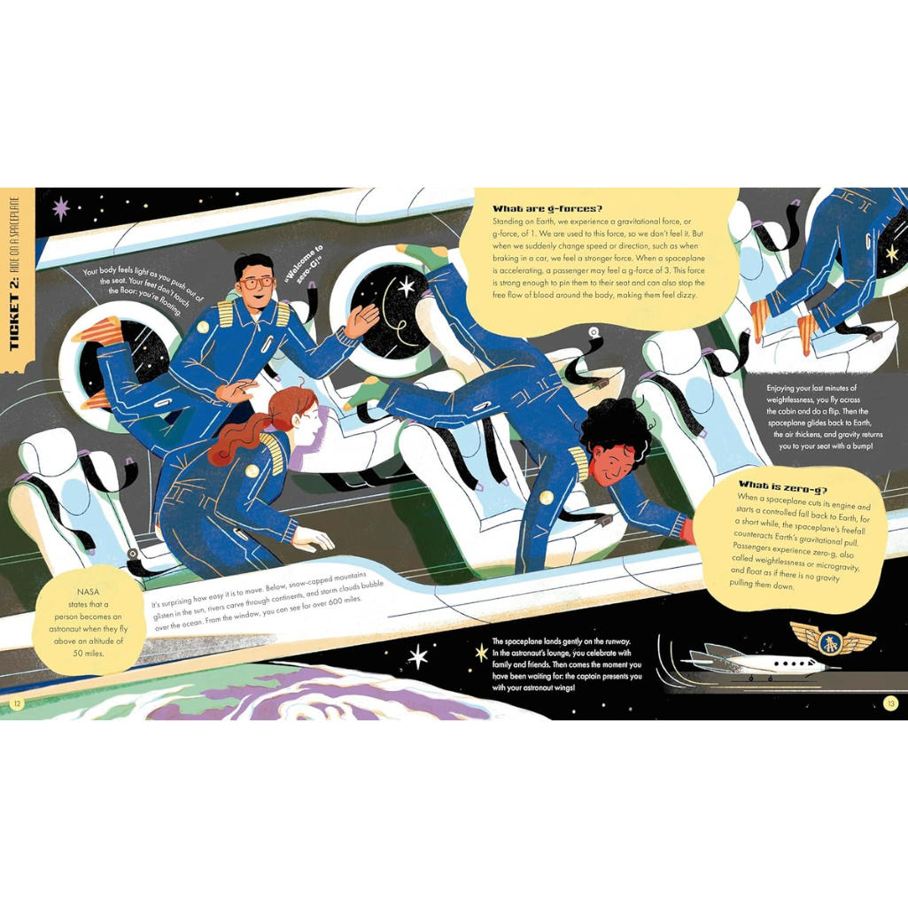 Illustrated page from a book showing astronauts in a space shuttle with educational text about zero gravity.