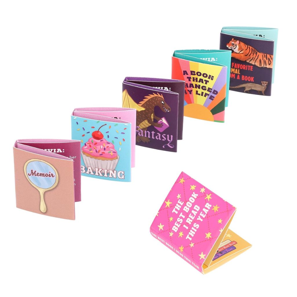 Collection of colorful mini books with various designs on a white background