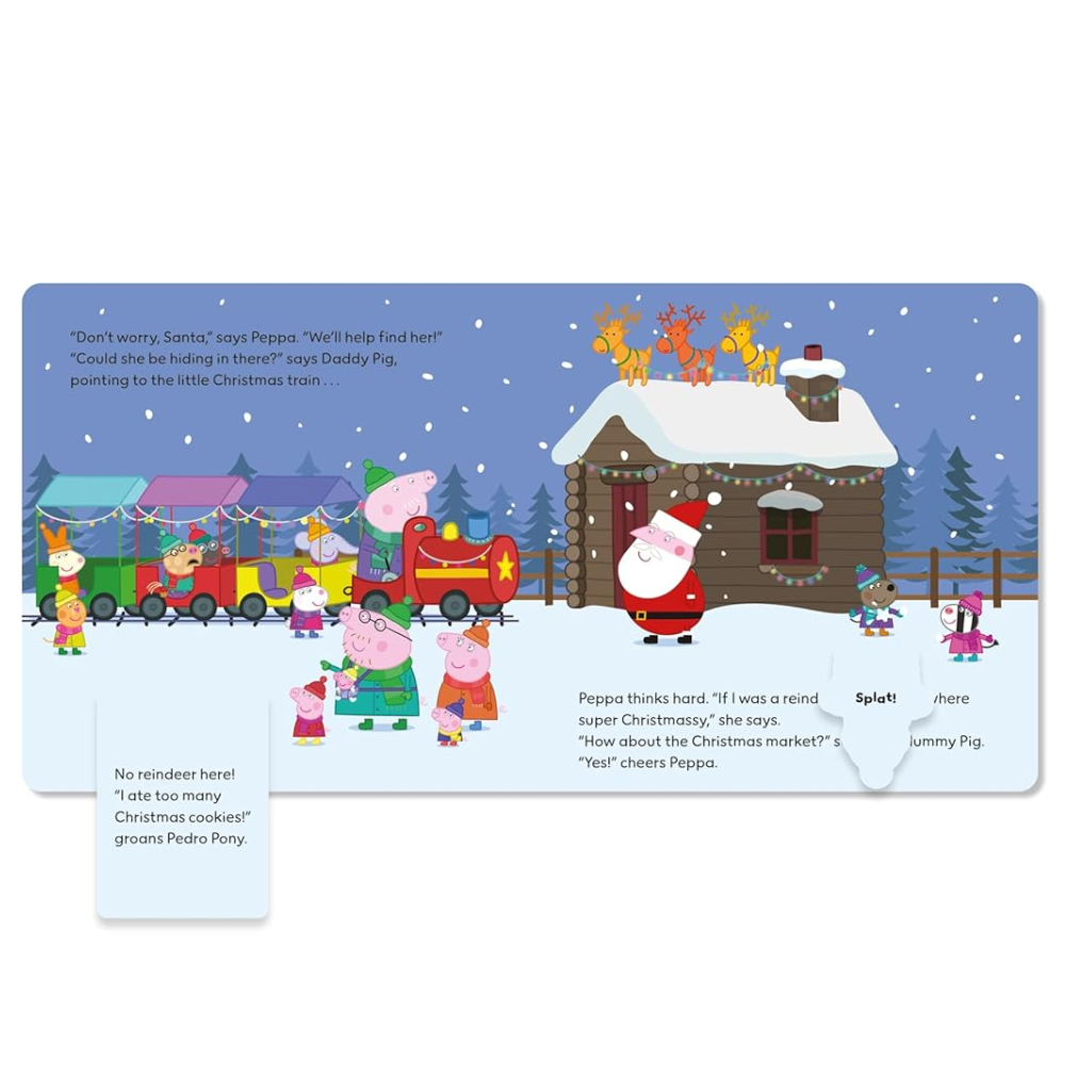 Children's book page with a Christmas-themed illustration featuring Santa Claus, reindeer, and cartoon characters in front of a snowy house.