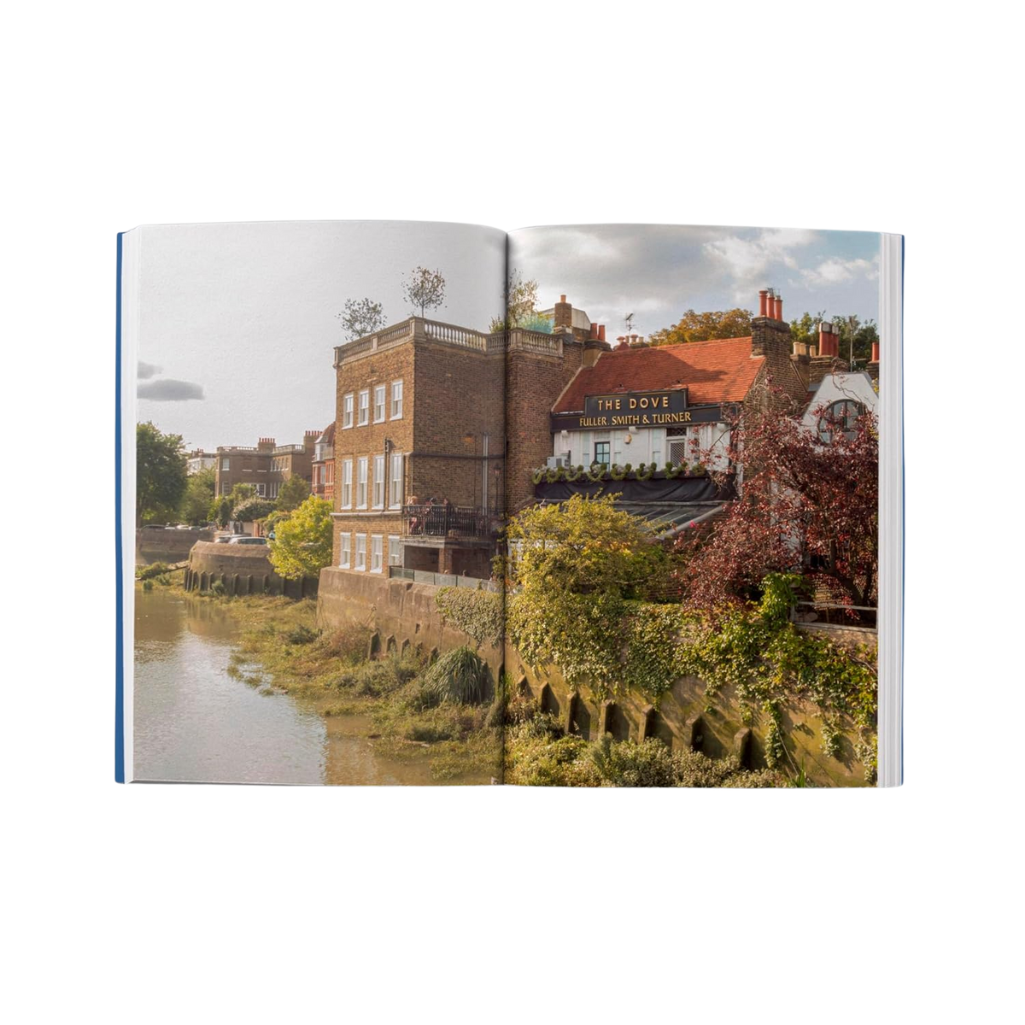 Open book showing a scenic view of a town with buildings and a river.