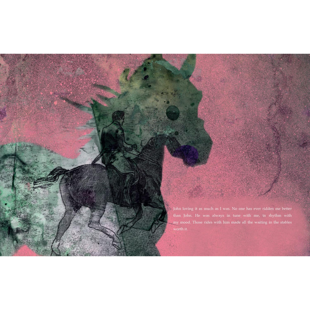 Artistic depiction of a person riding a horse with a pink and green abstract background