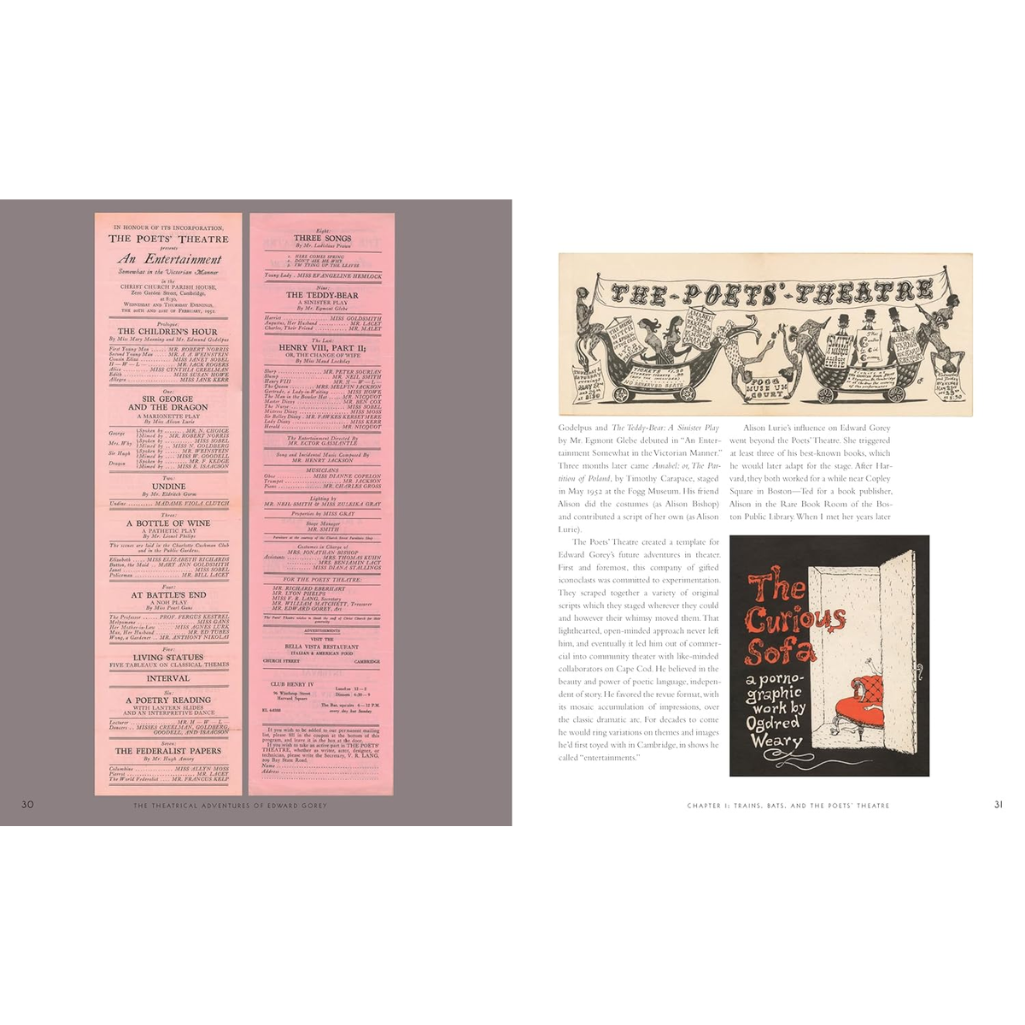 Book interior with text and images of theater posters and a book cover.