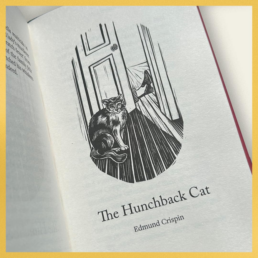 Book with illustration of a cat and text 'The Hunchback Cat' by Edmund Crispin